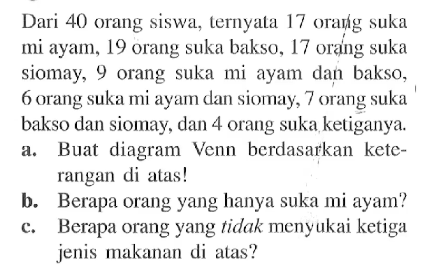 Dari 40 orang siswa, ternyata 17 orarig suka mi ayam, 19 orang suka bakso, 17 orang suka siomay, 9 orang suka mi ayam dan bakso, 6 orang suka mi ayam dan siomay, 7 orang suka bakso dan siomay, dan 4 orang suka ketiganya.a. Buat diagram Venn berdasarkan keterangan di atas!b. Berapa orang yang hanya suka mi ayam?c. Berapa orang yang tidak menyukai ketiga jenis makanan di atas?