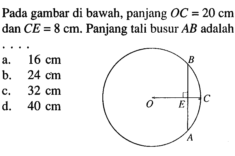 Pada gambar di bawah, panjang OC=20cm dan CE=8cm. Panjang tali busur AB adalah...