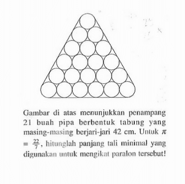 Gambar di atas menunjukkan penampang 21 buah pipa berbentuk tabung yang masing-masing berjari-jari 42 cm. Untuk pi =22/7, hitunglah panjang tali minimal yang digunakan untuk mengikat paralon tersebut!