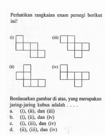 Perhatikan rangkaian enam persegi berikut ini! (i) (iii) (ii) (iv) Berdasarkan gambar di atas, yang merupakan jaring-jaring kubus adalah . . . .