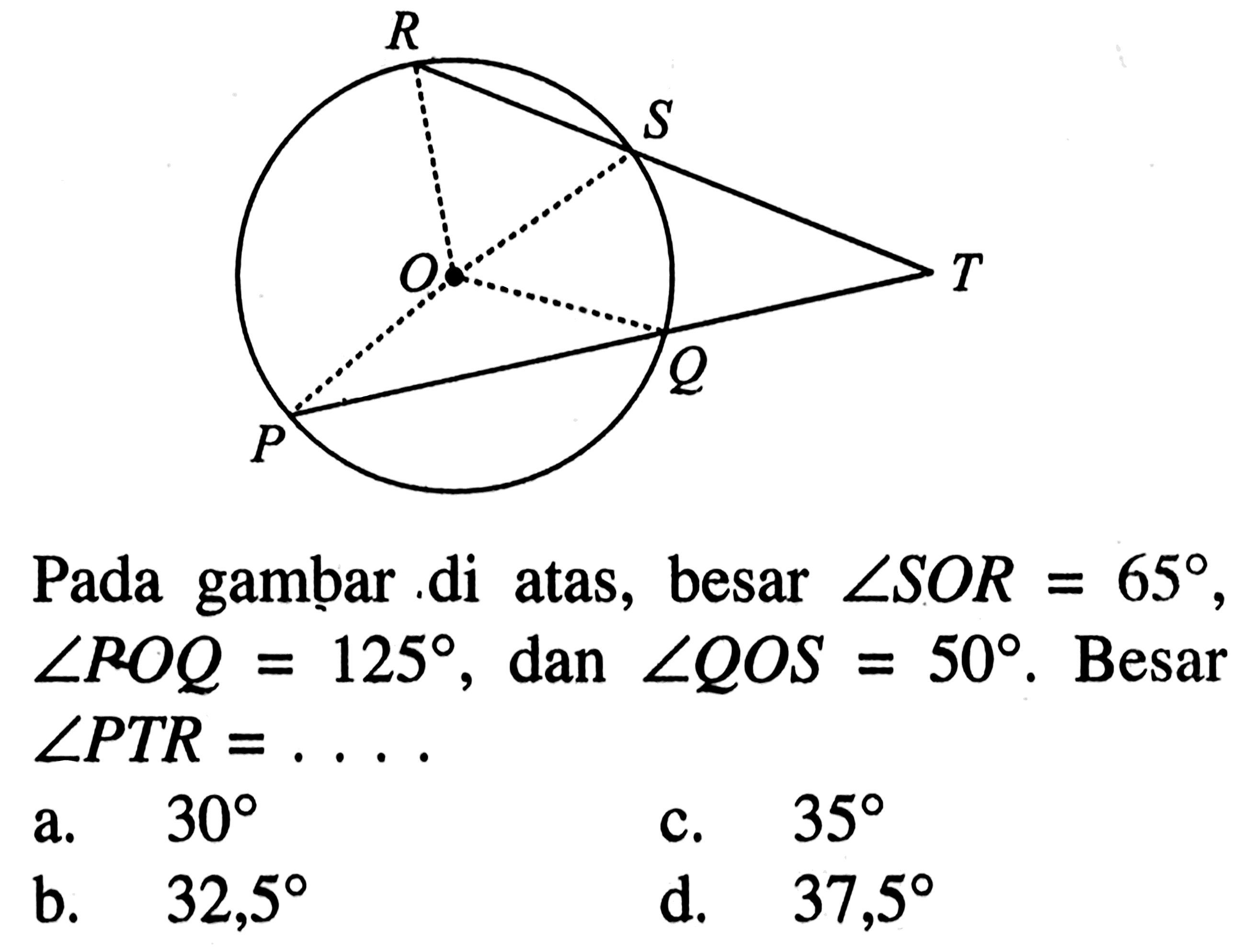 Pada gambar di atas, besar sudut SOR=65, sudut ROQ=125, dan sudut QOS=50. Besar sudut PTR=...