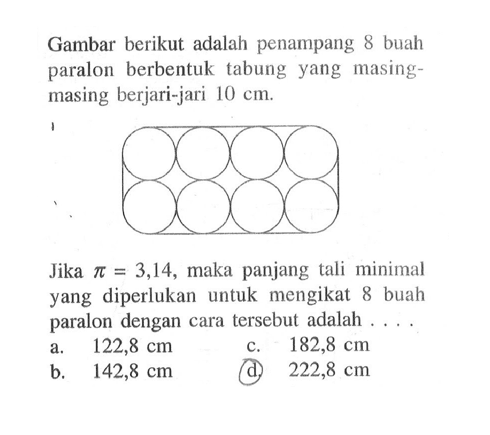 Gambar berikut adalah penampang 8 buah paralon berbentuk tabung yang masing-masing berjari-jari 10 cm .Jika pi = 3,14, maka panjang tali minimal yang diperlukan untuk mengikat 8 buah paralon dengan cara tersebut adalah ....