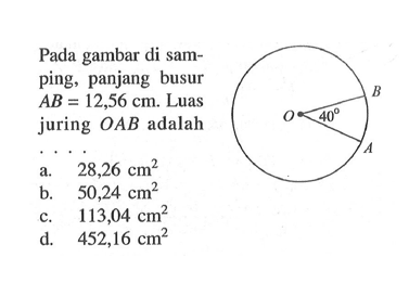 Pada gambar di samping, panjang busur AB=12,56 cm. Luas juring OAB adalah...