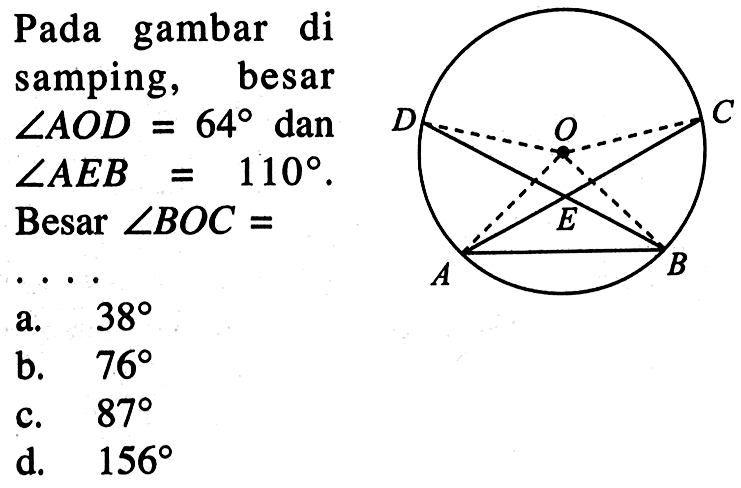 Pada gambar di samping, besar  sudut AOD=64  dan  sudut AEB=110 .  Besar  sudut BOC=.... D O C E A B   