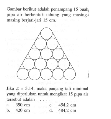 Gambar berikut adalah penampang 15 buah pipa air berbentuk tabung yang masing-masing berjari-jari 15 cm. Jika  pi=3,14, maka panjang tali minimal yang diperlukan untuk mengikat 15 pipa air tersebut adalah ....