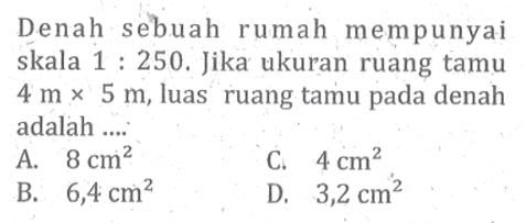 Denah sebuah rumah mempunyai skala 1 : 250. Jika ukuran ruang tamu  4 m x 5 m , luas ruang tamu pada denah adalah ....