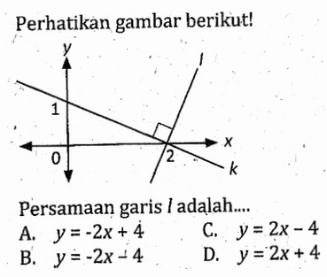 Perhatikan gambar berikut! Persamaan garis l adalah ... A. y = -2x + 4 B. y = -2x - 4 C. 2x - 4 D. y = 2x + 4