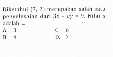 Diketahui (7, 2) merupakan salah satu penyelesaian dari 3x - ay = 9. Nilai a adalah ...