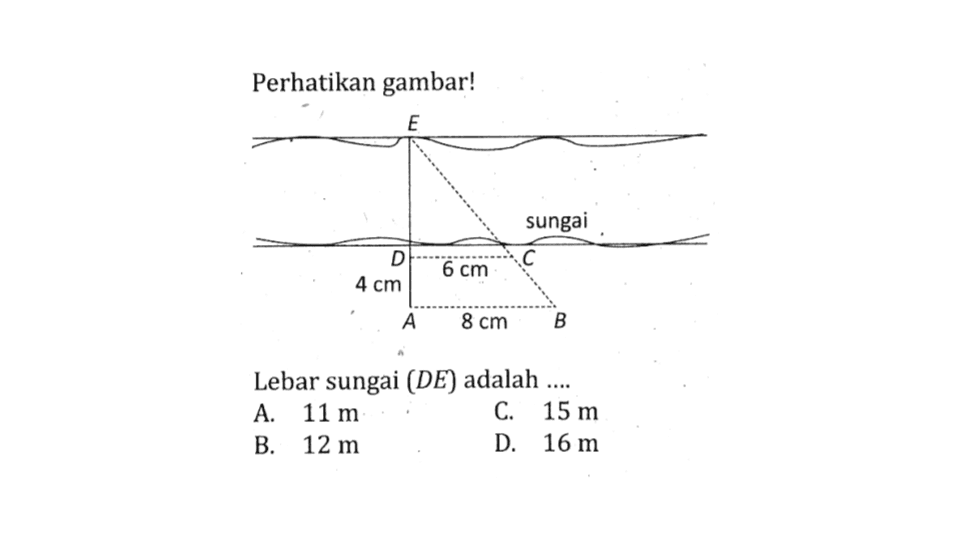 Perhatikan gambar! E sungai D C 6 cm 4 cm A 8 cm B Lebar sungai  (DE)  adalah ....