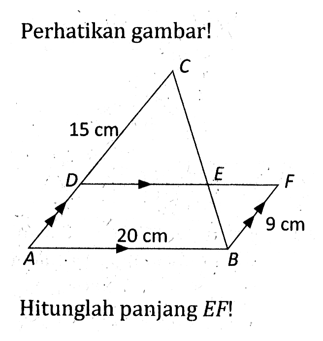 Perhatikan gambar! A DCEBF 15 cm 20 cm 9 cmHitunglah panjang EF!