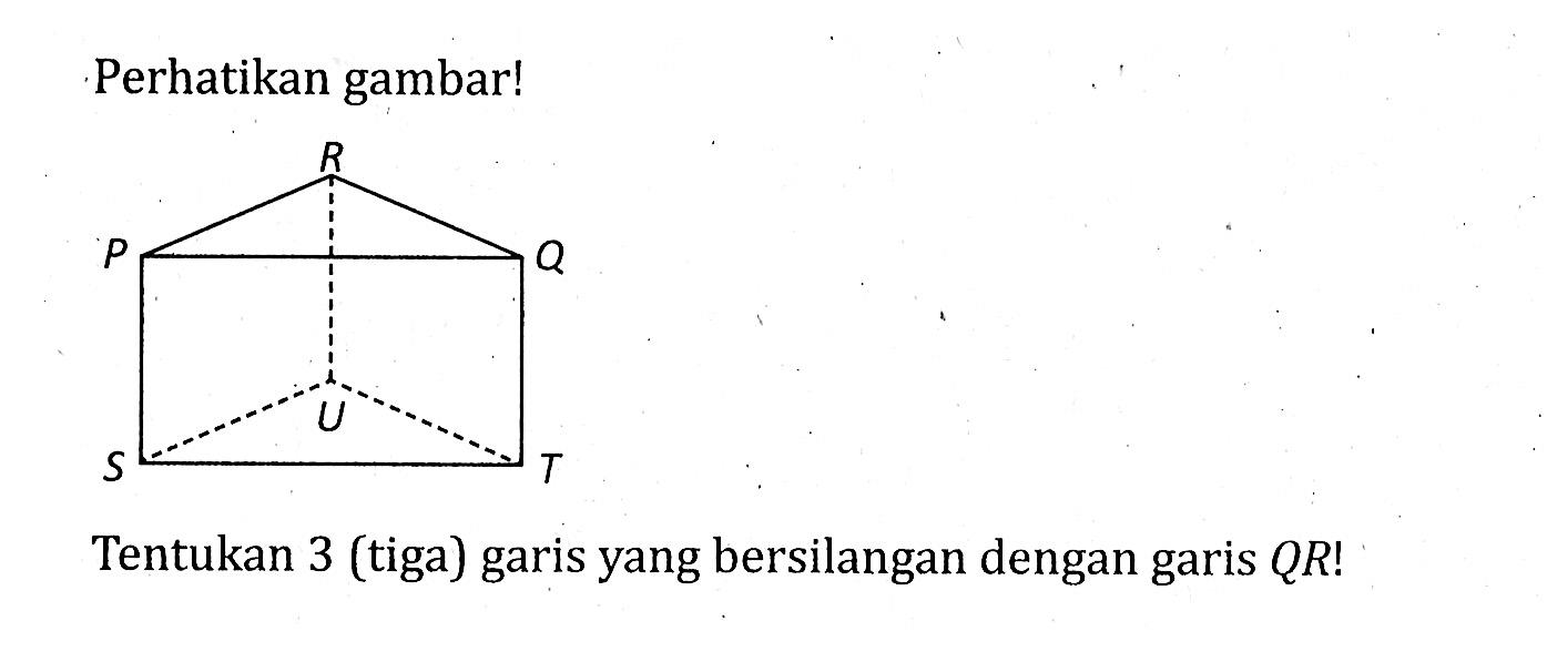 Perhatikan gambar! Tentukan 3 (tiga) garis yang bersilangan dengan garis QR! limas segitiga PQR.STU