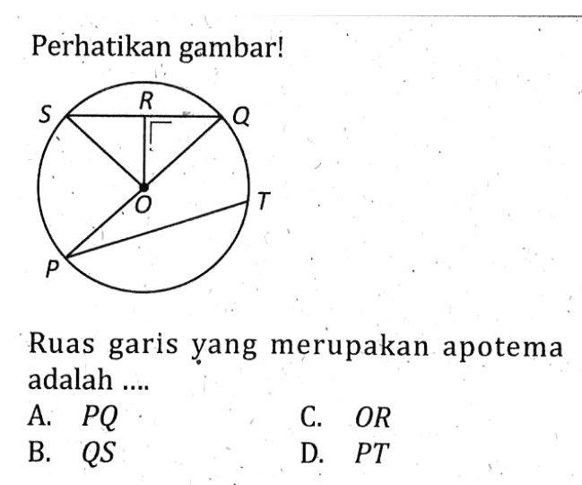 Perhatikan gambar! P Q R S T O Ruas garis yang merupakan apotema adalah ....