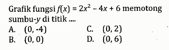 Grafik fungsi f(x) = 2x^2 - 4x + 6 memotong sumbu-y di titik 
 A. (0, -4) 
 B. (0,0) 
 C. (0, 2) 
 D. (0,6)