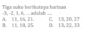 Tiga suku berikutnya barisan -3, -2, 1, 6, ... adalah....