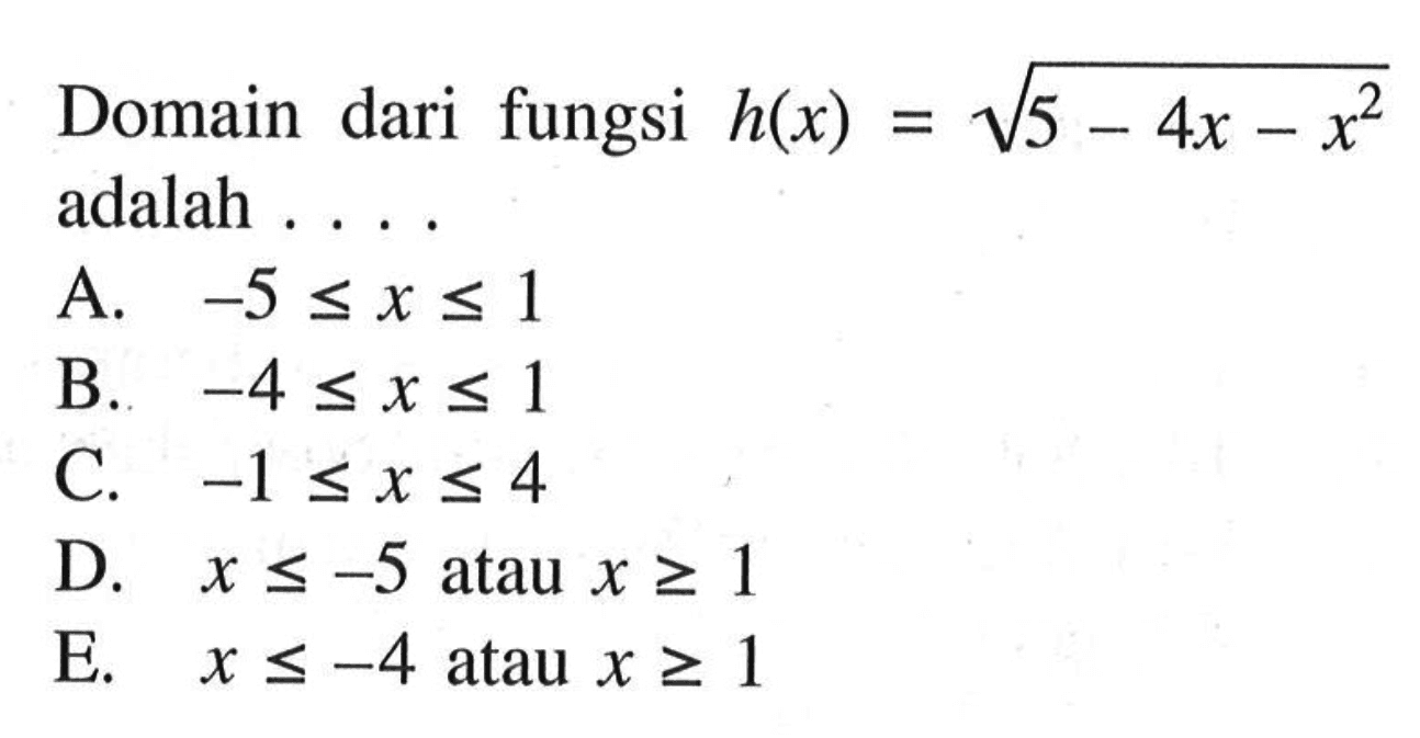 Domain dari fungsi h(x)=akar(5-4x-x^2) adalah...