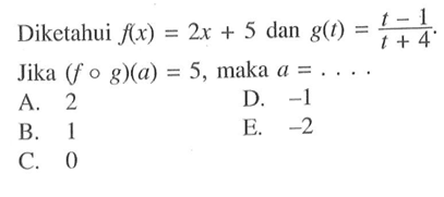 Diketahui f(x)=2x+5 dan g(t)=(t-1)/(t+4). Jika (fog)(a)=5, maka a=....