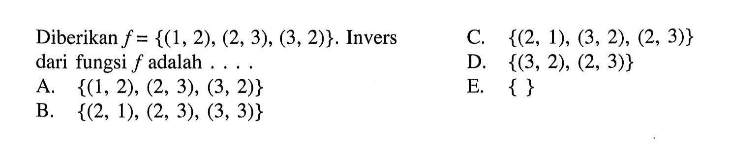 Diberikan f={(1,2),(2,3),(3,2)}. Invers dari fungsi f adalah...