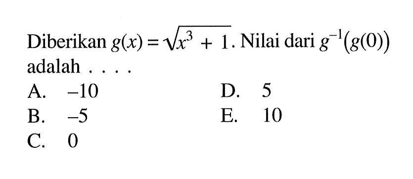 Diberikan g(x)=akar(x^3+1). Nilai dari g^(-1)(g(0)) adalah ....