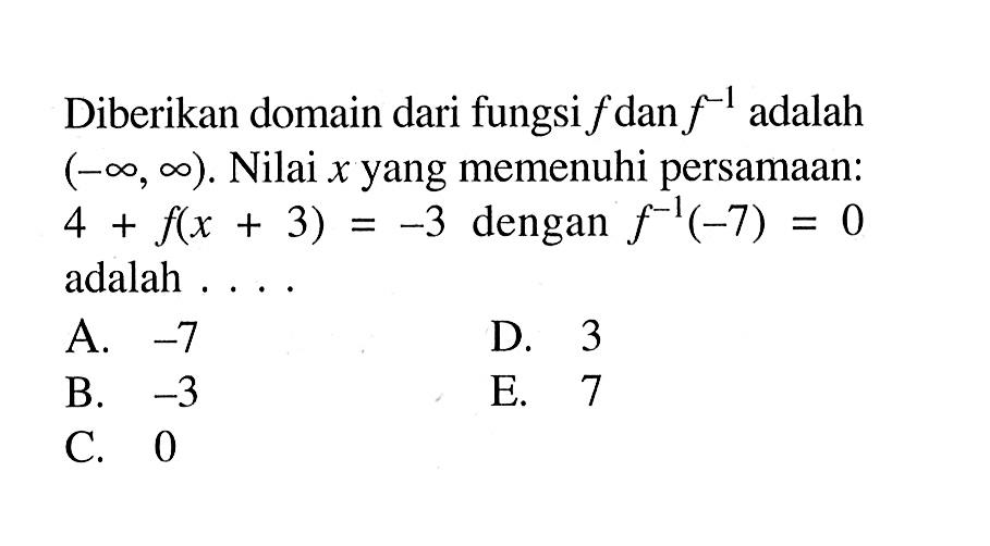 Diberikan domain dari fungsi  f  dan  f^-1  adalah  (-tak hingga,tak hingga) . Nilai  x  yang memenuhi persamaan:  4+f(x+3)=-3  dengan  f^-1(-7)=0  adalah . . . .A.  -7 D. 3B.  -3 E. 7C. 0