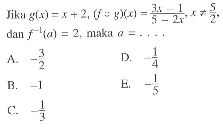 Jika  g(x)=x+2, (fog)(x)=(3x-1)/(5-2x), x=/=5/2, dan f^(-1)(a)=2, maka a=.... 