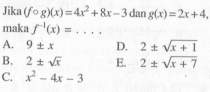 Jika (fog)(x)=4x^2+8x-3 dan  g(x)=2x+4 maka  f^-1(x)=... 
