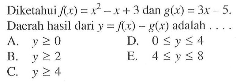 Diketahui f(x)=x^2-x+3 dan g(x)=3 x-5. Daerah hasil dari y=f(x)-g(x) adalah ....