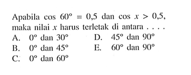 Apabila cos 60=0,5 dan cos > 0,5, maka nilai x harus terletak di antara 