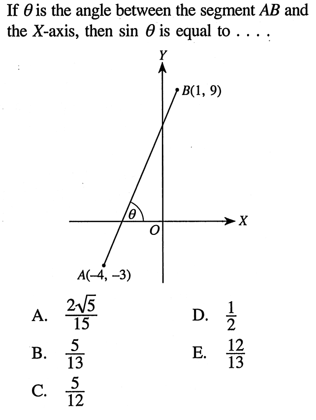 If  theta  is the angle between the segment AB and the X-axis, then  sin theta is equal to... 