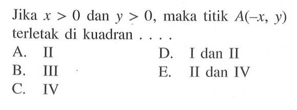 Jika x > 0 dan y > 0, maka titik A(-x, y) terletak di kuadran 