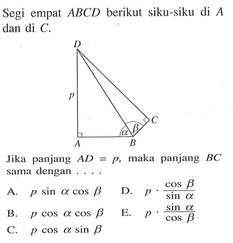 Segi empat  ABCD  berikut siku-siku di  A  dan di  C . D p A B alpha beta C. Jika panjang  AD=p , maka panjang  BC  sama dengan . . . .