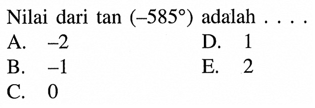 Nilai dari tan (-585) adalah ...
