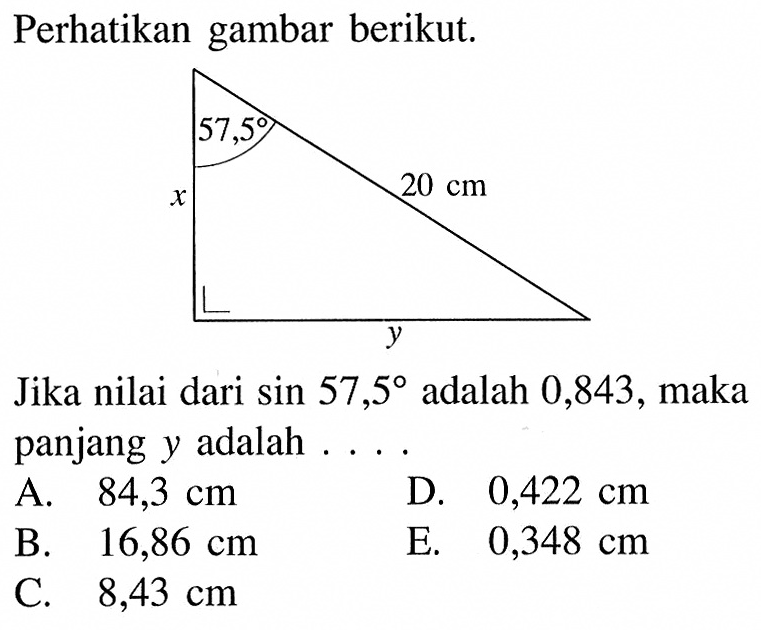 Perhatikan gambar berikut.Jika nilai dari sin 57,5 adalah 0,843, maka panjang y adalah....