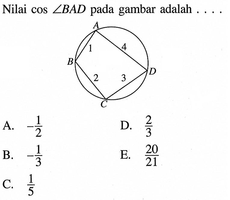 Nilai cos sudut BAD pada gambar adalah ...