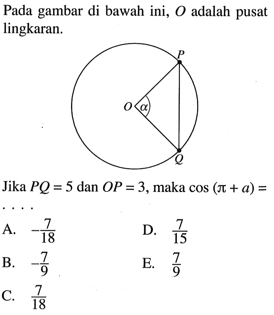 Pada gambar di bawah ini,  O  adalah pusat lingkaran. alphaJika  PQ=5  dan  OP=3 , maka  cos (pi+alpha)=  ...