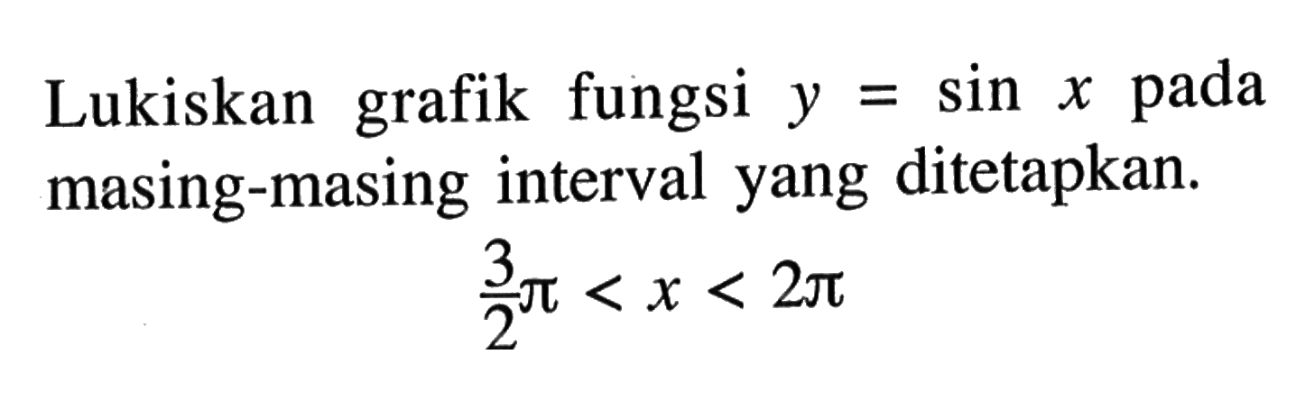 Lukiskan grafik fungsi y=sin x pada masing-masing interval yang ditetapkan.3/2 pi<x<2 pi