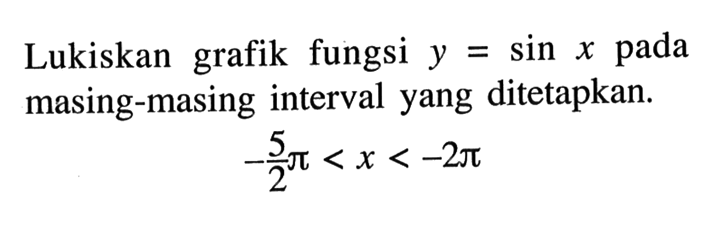 Lukiskan grafik fungsi y=sin x pada masing-masing interval yang ditetapkan. (-5/2) pi<x<-2 pi