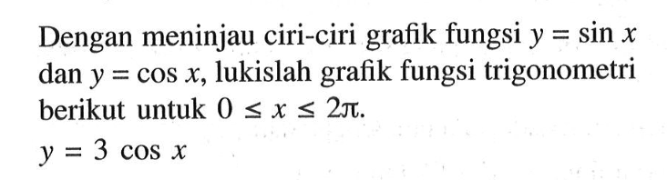 Dengan meninjau ciri-ciri grafik fungsi y=sin x dan y=cos x, lukislah grafik fungsi trigonometri berikut untuk 0 <= x <= 2 pi. y=3 cos x