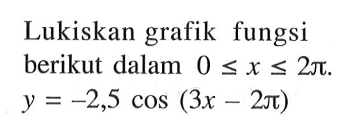 Lukiskan grafik fungsi berikut dalam 0 <= x <= 2 pi. y=-2,5 cos (3 x-2 pi) 