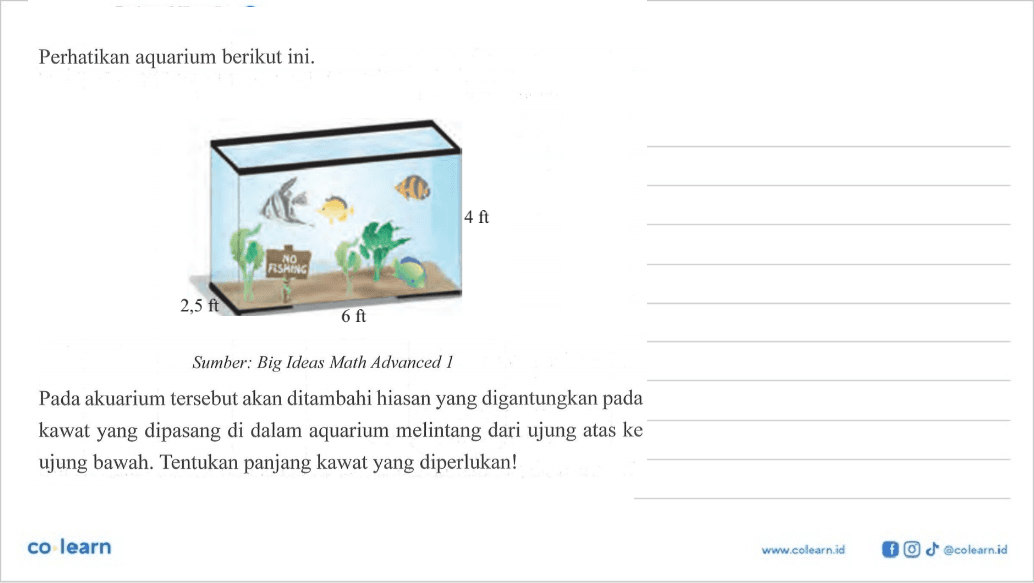 Perhatikan aquarium berikut ini. 4 ft 2.5 ft 6 ft Sumber: Big Ideas Math Advanced 1Pada akuarium tersebut akan ditambahi hiasan yang digantungkan pada kawat yang dipasang di dalam aquarium melintang dari ujung atas ke ujung bawah. Tentukan panjang kawat yang diperlukan!