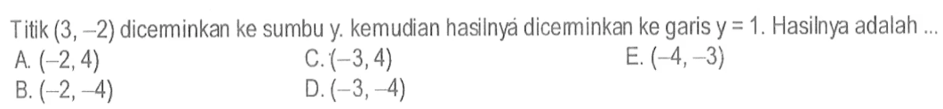 Titik (3,-2) dicerminkan ke sumbu y kemudian hasilnya dicerminkan ke garis y=1. Hasilnya adalah ...