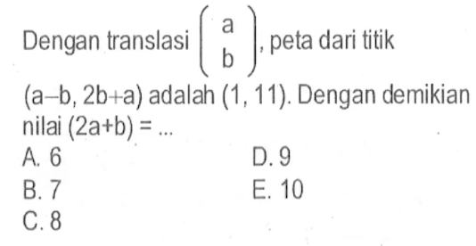 Dengan translasi (a b), peta dari titik (a-b, 2b+a) adalah (1, 11). Dengan demikian nilai (2a+b)= ...