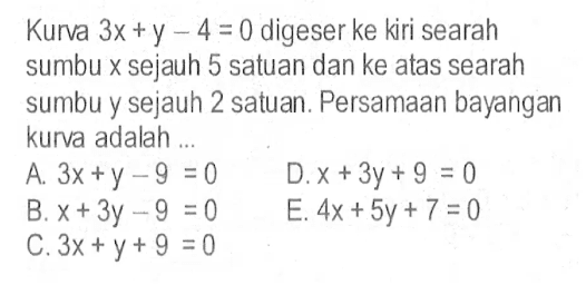 Kurva 3x+y-4=0 digeser ke kiri searah sumbu x sejauh 5 satuan dan ke atas searah sumbu y sejauh 2 satuan. Persamaan bayangan kurva adalah ...