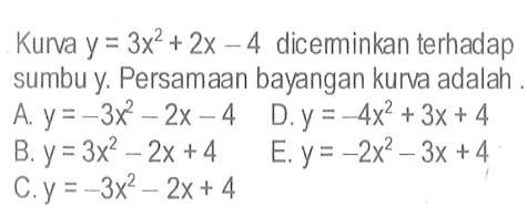 Kunva y=3x^2+2x-4 diceminkan terhadap sumbu y. Persamaan bayangan kurva adalah