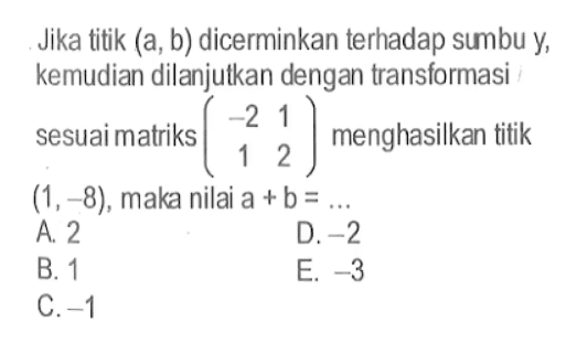 Jika titik (a, b) dicerminkan terhadap sumbu y, kemudian dilanjutkan dengan transformasi sesuai matriks (-2 1  1 2) menghasilkan titik(1,-8), maka nilai a+b= ....