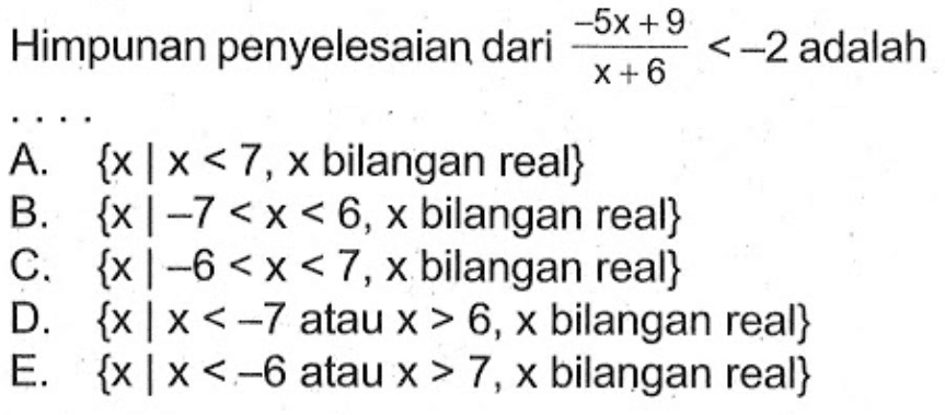 Himpunan penyelesaian dari (-5x+9)/(x+6)<-2 adalah . . . .