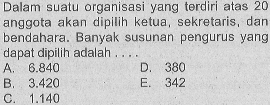Dalam suatu organisasi yang terdiri atas 20 anggota akan dipilih ketua, sekretaris, dan bendahara. Banyak susunan pengurus yang dapat dipilih adalah ...
