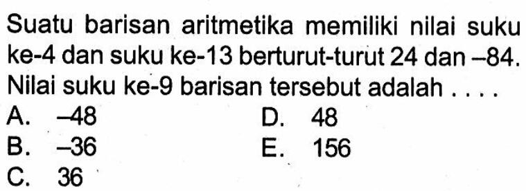 Suatu barisan aritmetika memiliki nilai suku ke-4 dan suku ke-13 berturut-turut 24 dan -84. Nilai suku ke-9 barisan tersebut adalah ....