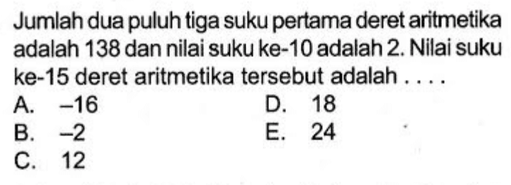 Jumlah dua puluh tiga suku pertama deret aritmetika adalah 138 dan nilai suku ke-10 adalah 2. Nilai suku ke-15 deret aritmetika tersebut adalah ....