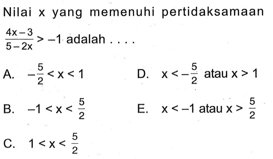 Nilai x yang memenuh pertidaksamaan (4x - 3)/(5 - 2x) > -1 adalah.... A. -5/2 < x < 1 D. x < -5/2 atau x > 1 B. -1 < x < 5/2 E. x < -1 atau x > 5/2 C. 1 < x < 5/2