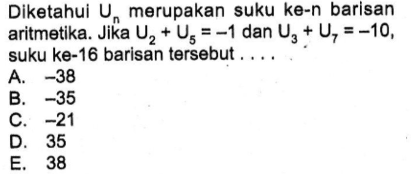 Diketahui Un merupakan suku ke-n barisan aritmetika. Jika U2+U5=-1 dan U3+U7=-10, suku ke-16 barisan tersebut ....